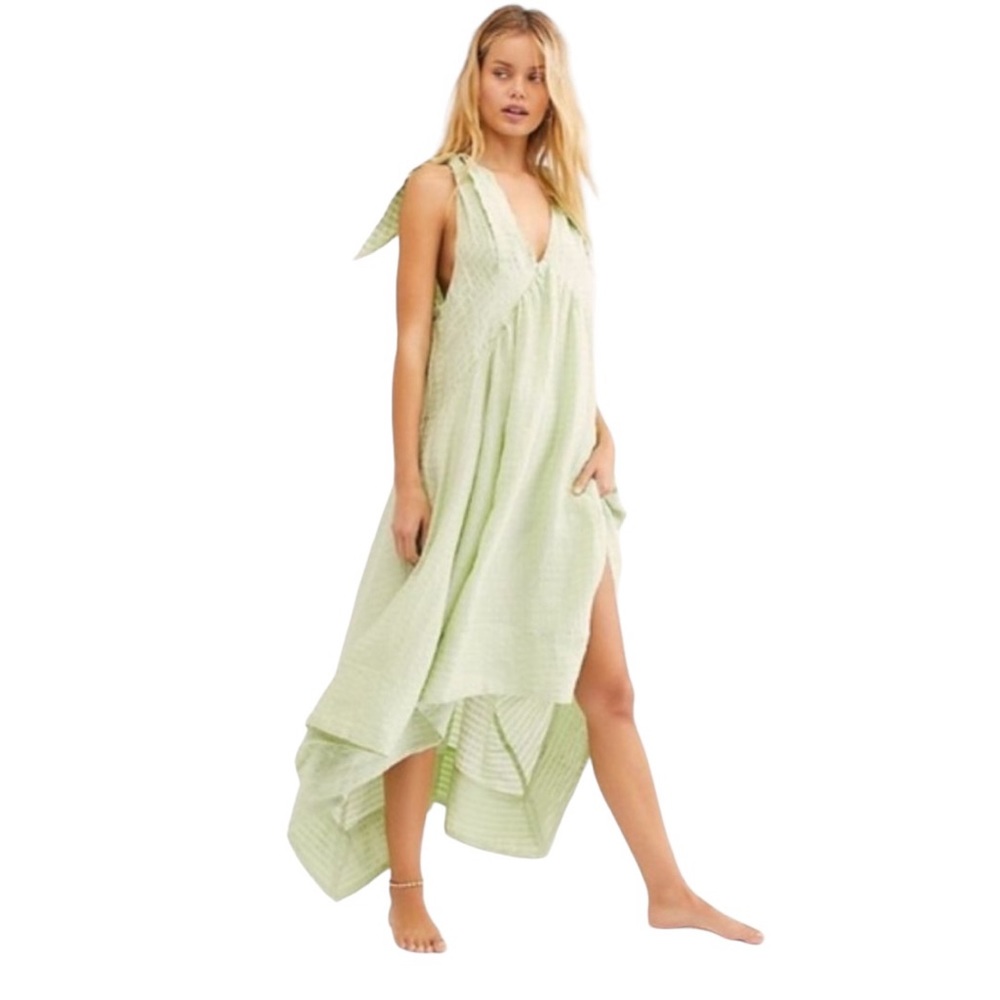 Free People Green Asymmetrical Sundress with Plunge Neckline